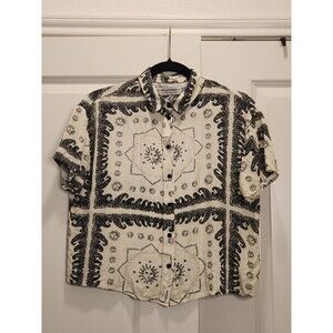 Celestial Bandana Print Malayerba Crop Button Up Short Sleeve Shirt  Women's S